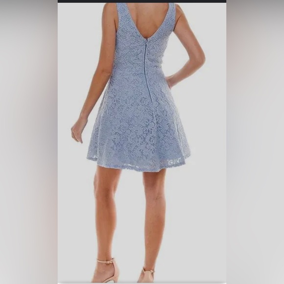 City Studio juniors powder blue scalloped V-neck glitter lace dress. - Picture 2 of 15